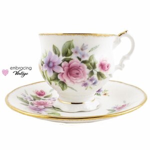 ELIZABETHAN Staffordshire Vintage Teacup & Saucer Pink, Purple and Yellow Flowers Made in England Fine Bone China Hand Decorated image 1