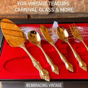 15 pc Dessert Set GOLD plated Cutlery Royal Sealy Pastry Server Sugar Spoon Butter Knife Cake Forks & Teaspoons c. 1960s image 8