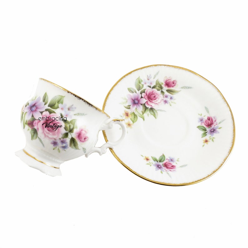 ELIZABETHAN Staffordshire Vintage Teacup & Saucer Pink, Purple and Yellow Flowers Made in England Fine Bone China Hand Decorated image 2