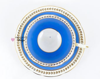 AYNSLEY | Vintage Teacup & Saucer | Blue with Gold Trim | Made in England | Bone China | c. 1940 - 1960