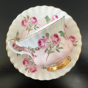 ROYAL ALBERT | Vintage Teacup & Saucer | Made in England | Bone China | Pink Roses and Gold Trim | Montrose Shape | c. 1960s - 1970s