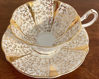 QUEEN ANNE | Teacup | Gold Lace | White & Gold | Bone China | Made in ENGLAND | c. 1959 - 1966 | Bridal Shower | Anniversary Gift | Vintage