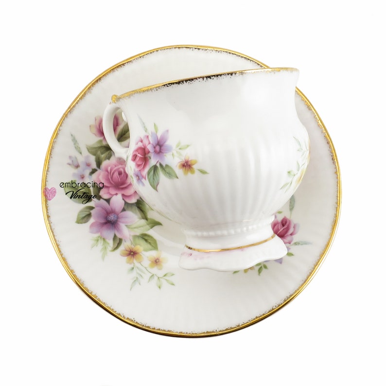 ELIZABETHAN Staffordshire Vintage Teacup & Saucer Pink, Purple and Yellow Flowers Made in England Fine Bone China Hand Decorated image 4