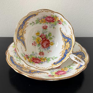 ROYAL STAFFORD | Gloria | Vintage Teacup & Saucer | Blue and Gold with a Floral Bouquet | Bone China | Made in England | c. 1950s+