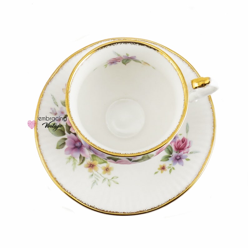 ELIZABETHAN Staffordshire Vintage Teacup & Saucer Pink, Purple and Yellow Flowers Made in England Fine Bone China Hand Decorated image 9