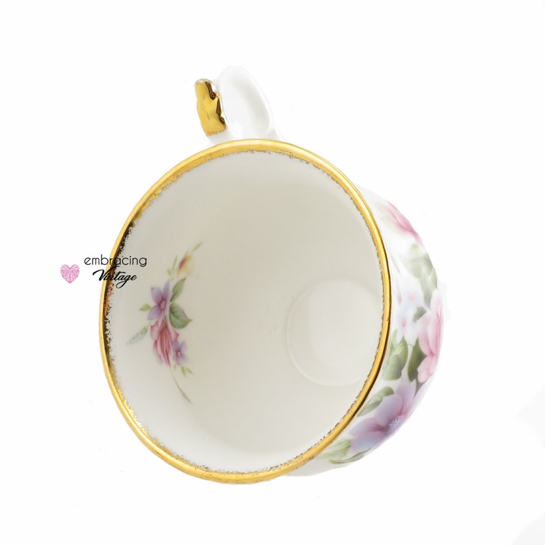 ELIZABETHAN Staffordshire Vintage Teacup & Saucer Pink, Purple and Yellow Flowers Made in England Fine Bone China Hand Decorated image 8