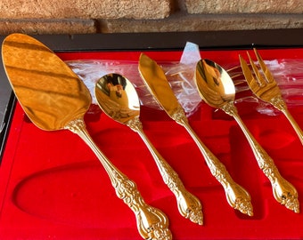 15 pc Dessert Set | GOLD plated Cutlery | Royal Sealy | Pastry Server | Sugar Spoon | Butter Knife | Cake Forks & Teaspoons | c. 1960s +