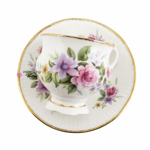 ELIZABETHAN Staffordshire Vintage Teacup & Saucer Pink, Purple and Yellow Flowers Made in England Fine Bone China Hand Decorated image 3