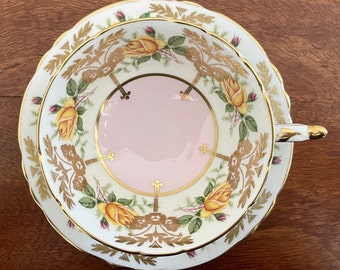 PARAGON | Vintage TEACUP & Saucer | Pink and Gold with Yellow Roses | Fine Bone China | Made in ENGLAND | c. 1960 - 1963