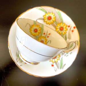 DELPHINE | Vintage Teacup & Saucer | YELLOW Flowers with Orange | Bone China | Made in England | c. 1930 - 1941