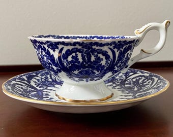 COALPORT | Azul, Branco e Dourado | Xícara e Pires Vintage | Porcelana Fina | Fabricado na Inglaterra