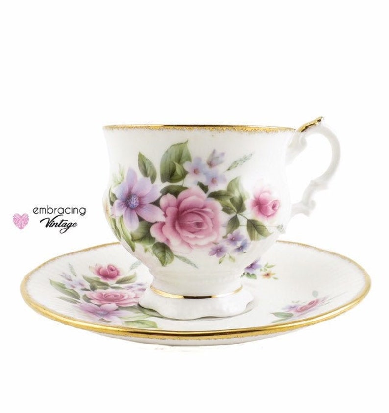 ELIZABETHAN Staffordshire Vintage Teacup & Saucer Pink, Purple and Yellow Flowers Made in England Fine Bone China Hand Decorated image 1