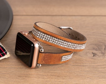 Pulseira de couro marrom com strass para Apple Watch, compatível com as séries 1 a 9 e Ultra.