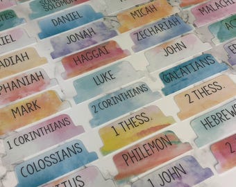 Font Options* - Simply Watercolor - Bible Tabs WITH adhesive - Single Sided or Double Sided - ENGLISH or SPANISH