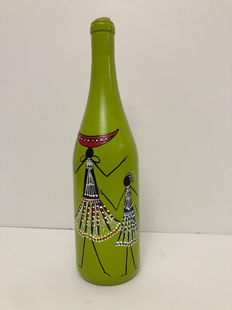 African Art Hand Painted Wine Bottle