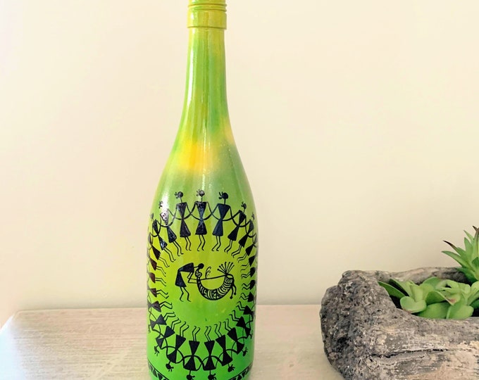 Hand Painted Wine Bottle Warli Art - Green - SKU -WBW 1227