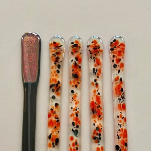 Fused Glass Swizzle sticks (4) with orange and black confetti 6 inches  - Option to include  12 inch glass stirrer  gray with orange accent