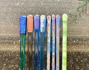 Fused Glass Stirrer sticks long handle tea stirrer - 12 inches long iridescent blue, different shades of green, blue,