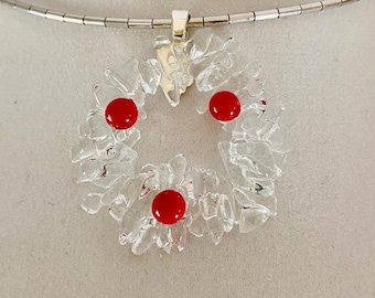 Christmas wreath pendant - fused glass - in clear glass with  red glass berries