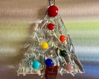 Fused glass Christmas tree ornament in clear glass with rainbow berries