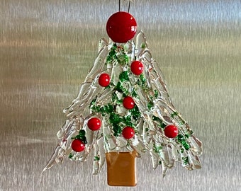 Fused glass Christmas tree made with clear glass - with red berries and red tree topper