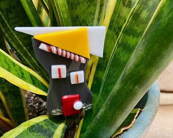 Whimsical bird house/cottage  plant stake - fused glass blue/green, gray