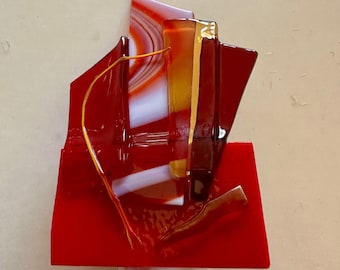 Fused Glass nightlight - contemporary unique in different shades of red glass with clear amber and orange white design glass