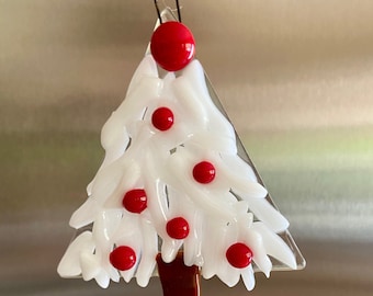 Fused glass Christmas tree - white with clear  with red berries  - red