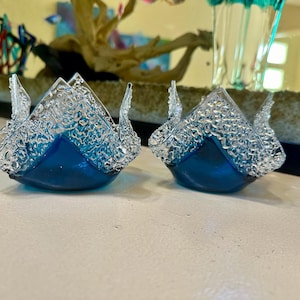 Fused glass candle holders in deep aqua blue  with clear crushed glass