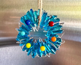 Fused glass Wreath in different shades of transparent  blue colors with rainbow berries - beach house Christmas Ornament