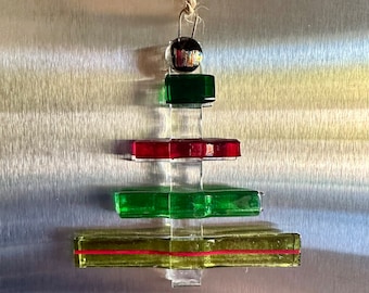 Fused Glass Contemporary Tree ornament in different shades of green and red glass some with amber