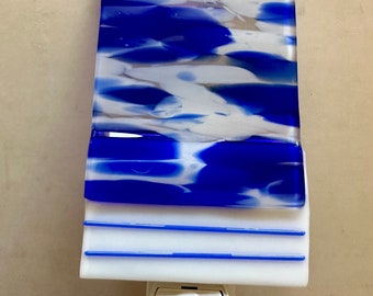 Fused Glass nightlight - contemporary unique in white with cobalt blue and clear glass