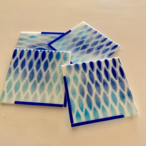 Fused Glass coasters - set of 4 - Different shades of blue on white glass