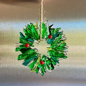 Fused glass wreath Christmas ornament green/clear/red wreath stocking stuffer image 2