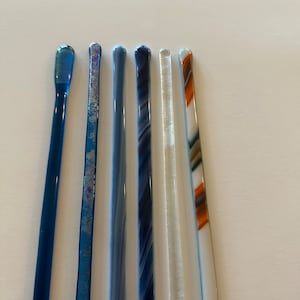 Fused Glass Stirrer sticks long handle tea stirrer - 12 inches long iridescent blue, different shades of green, blue,