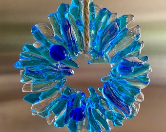 Fused glass Wreath in different shades of transparent  blue colors with blue berries - beach house Christmas Ornament