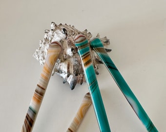 Fused Glass swizzle/stirrer stick in  a beautiful turquoise color with some orange brown and black - southwest colors (4) - 5 1/2 inch long