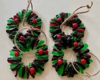 Fused Glass Wreath in red, green and black glass with red berries - Kwanzaa Ornament