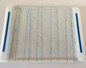 Fused Glass  remote control tray, cheese board, charcuterie board clear and white  with blue confetti glass