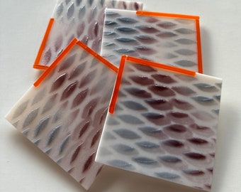 Fused Glass coasters - set 0f 4 - Purple with gray and orange on white glass