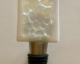 Fused Glass Wine Bottle Stopper - beautiful white glass with dichroic glass accent giving off rainbow shimmer