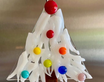 Fused Glass White Christmas tree Ornament with rainbow berries