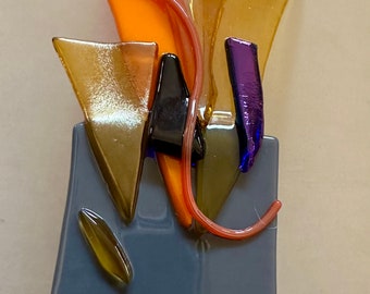 Fused Glass nightlight - contemporary unique in gray, orange, amber, cobalt blue and iridized gold and blue