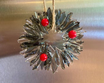 Modern fused glass Christmas wreath ornament  with gray and clear glass with  red berries