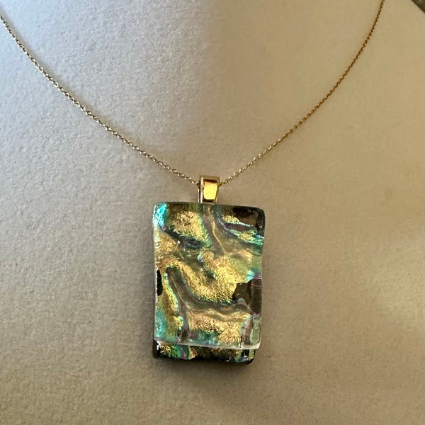 Gorgeous dichroic pendant in gold with hint of aqua blue and pink  iridescent colors - 3/4 inch X 1/2 inch