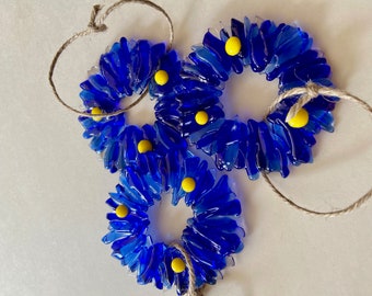 Fused Glass Wreath in different shades of blue with yellow berries - Hanukkah