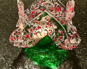 Fused glass candle holders in green with red and clear crushed glass