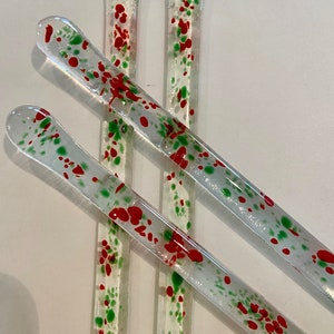 Fused Glass Swizzle Sticks  (4) - 6 inch - red and green Christmas Swizzle sticks