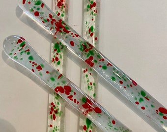 Fused Glass Swizzle Sticks  (4) - 6 inch - red and green Christmas Swizzle sticks