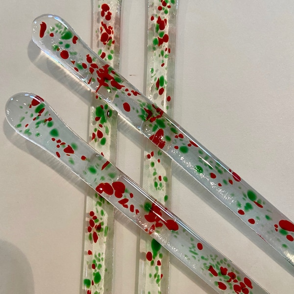 Fused Glass Swizzle Sticks  (4) - 6 inch - red and green Christmas Swizzle sticks